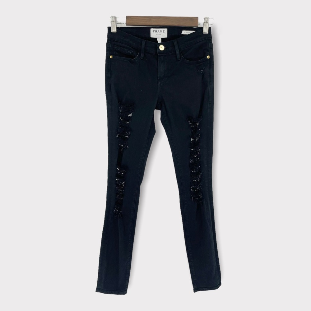 FRAME Le Skinny de Jeanne Black Film Noir Distressed Jeans Size 25